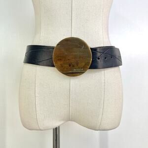 Red Monkey Brown Leather Belt Metal Circle Statement Buckle